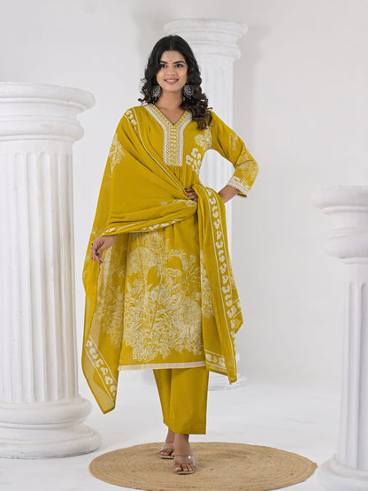 Elegant Yellow Cotton Kurta Set with Printed Dupatta