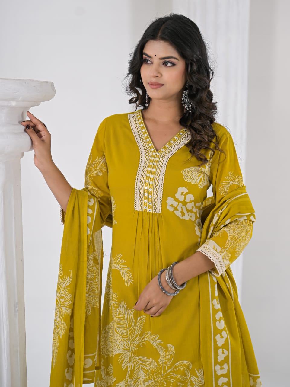 Elegant Yellow Cotton Kurta Set with Printed Dupatta