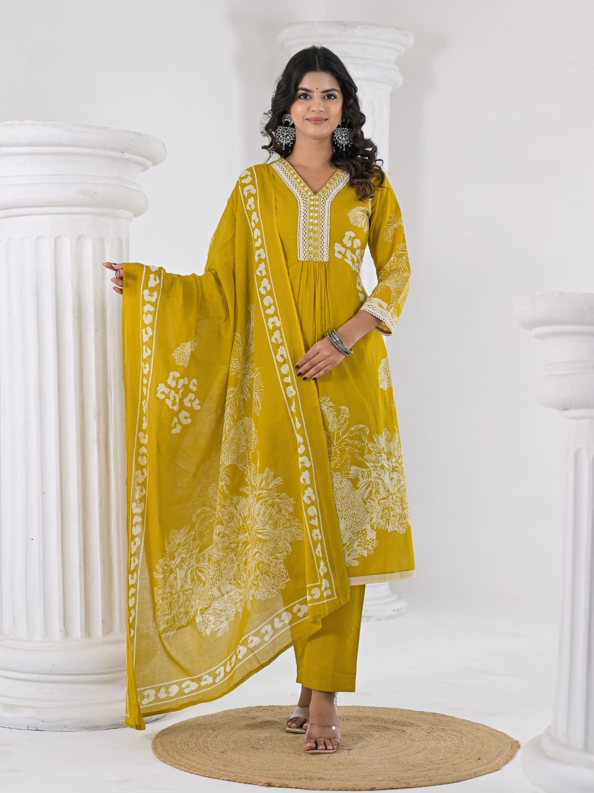 Elegant Yellow Cotton Kurta Set with Printed Dupatta