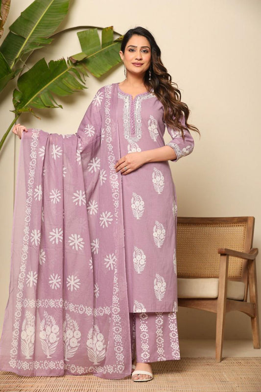 Beautiful Light Purple Printed Cotton Dress with Dupatta & Plaza Pure Cotton Comfort