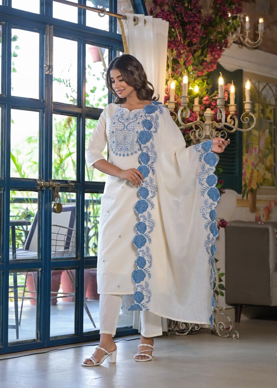 Elegant White Cotton Kurta With Inner with Pent & Beautiful Border cut Dupatta