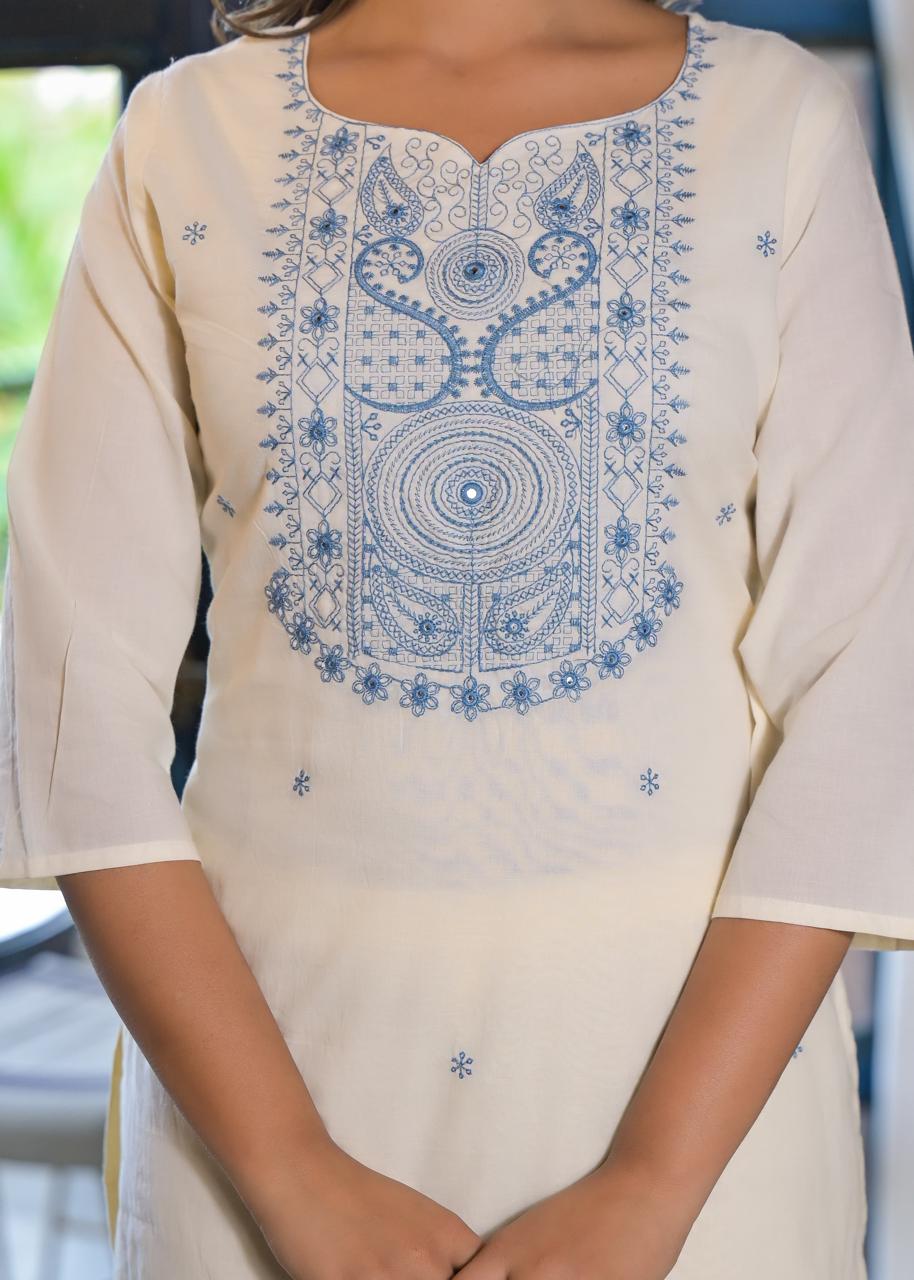 Elegant White Cotton Kurta With Inner with Pent & Beautiful Border cut Dupatta