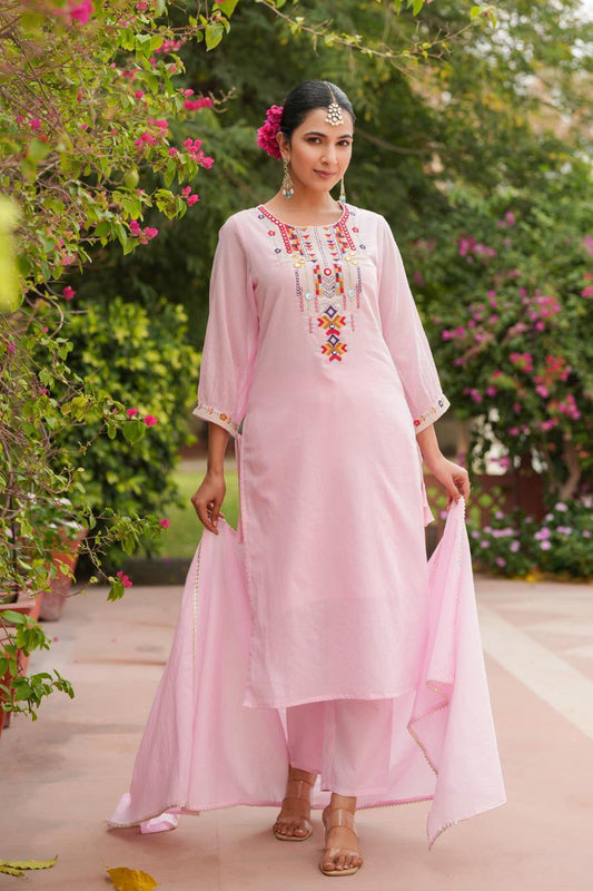 Beautiful Neon Light Pink Embroidery Cotton Dress with Dupatta & Pent Pure Cotton Comfort