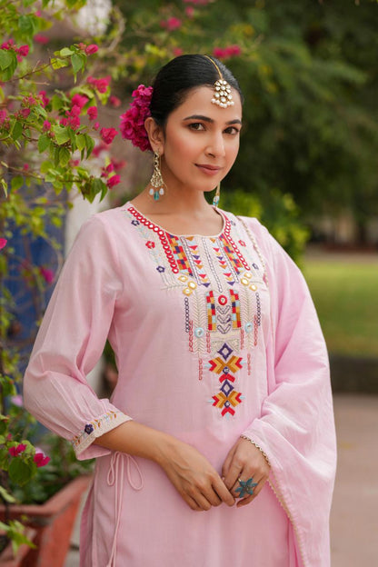 Beautiful Neon Light Pink Embroidery Cotton Dress with Dupatta & Pent Pure Cotton Comfort