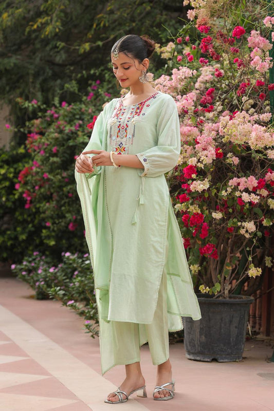 Beautiful Neon Light Green Embroidery Cotton Dress with Dupatta & Pent Pure Cotton Comfort