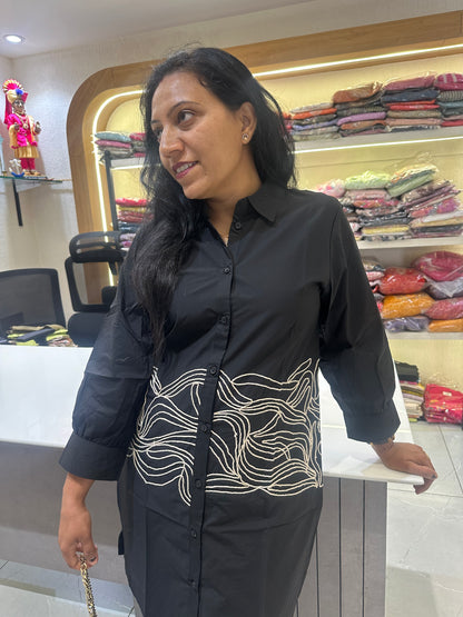 Women's Black With  embroidery Work Straight-Cut Cord Set