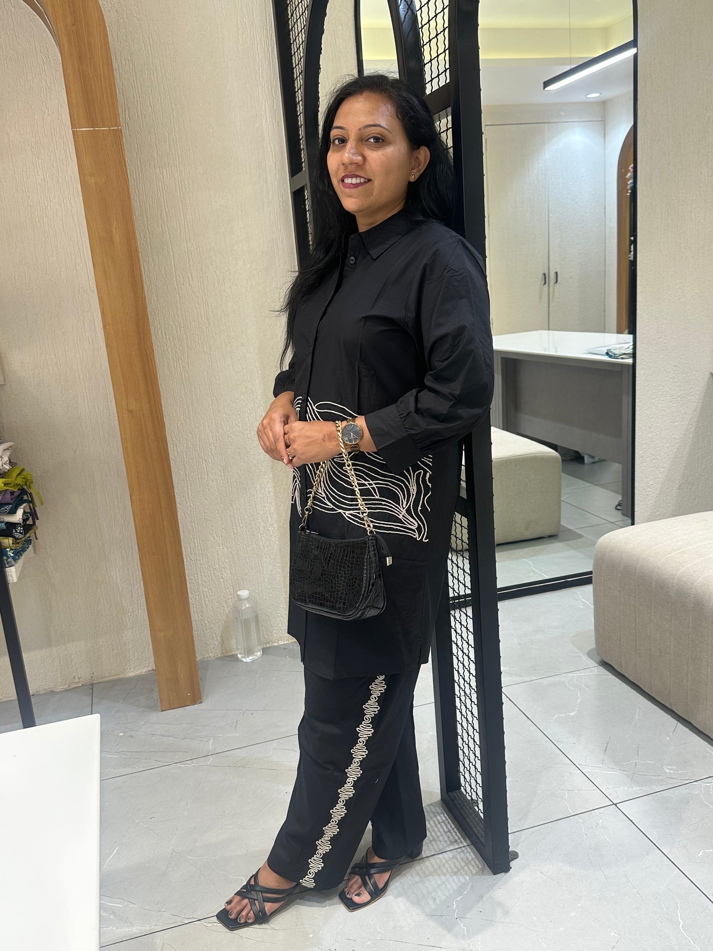 Women's Black With  embroidery Work Straight-Cut Cord Set