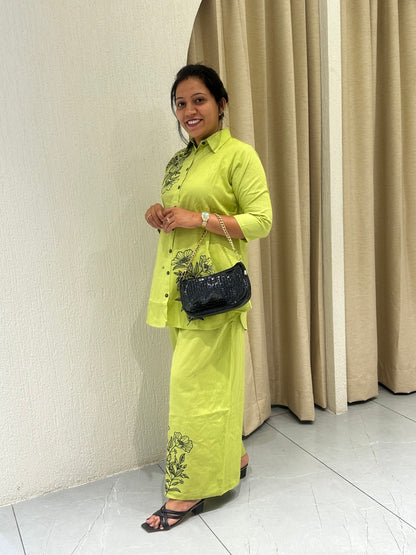 Women's Green Cotton with Embroidery Co-ord Set
