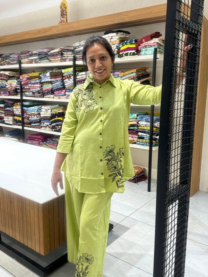 Women's Green Cotton with Embroidery Co-ord Set