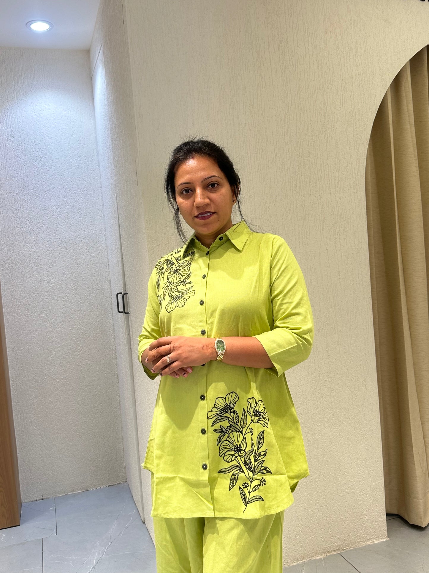 Women's Green Cotton with Embroidery Co-ord Set