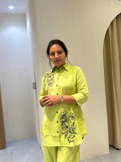 Women's Green Cotton with Embroidery Co-ord Set