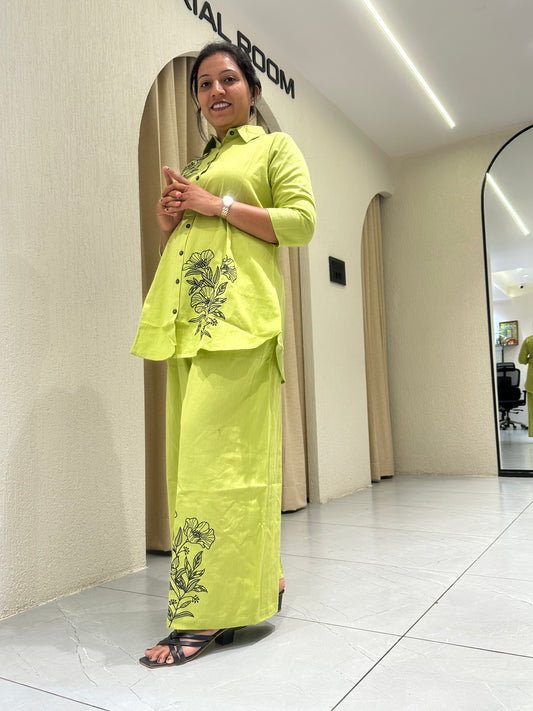 Women's Green Cotton with Embroidery Co-ord Set