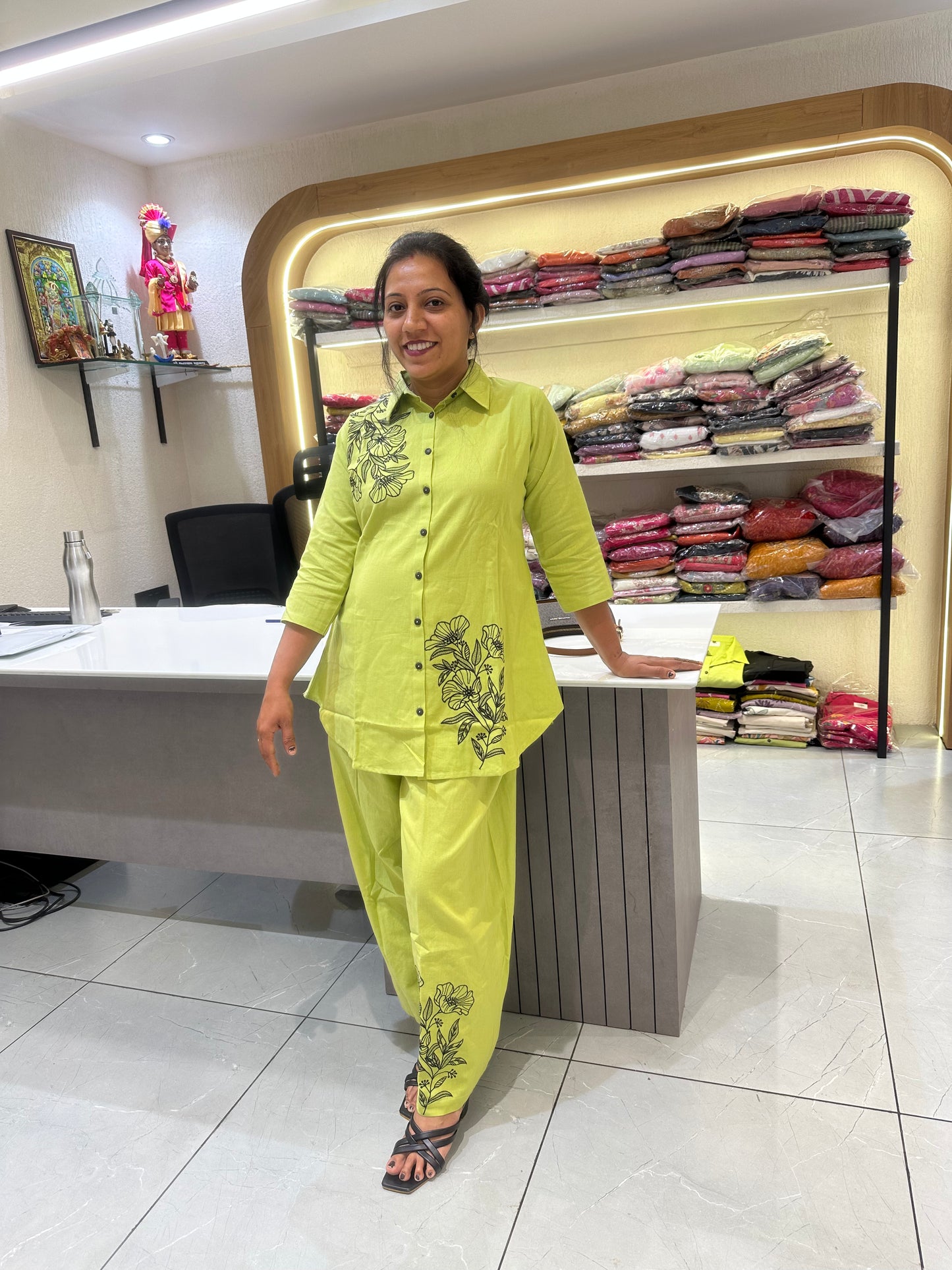 Women's Green Cotton with Embroidery Co-ord Set