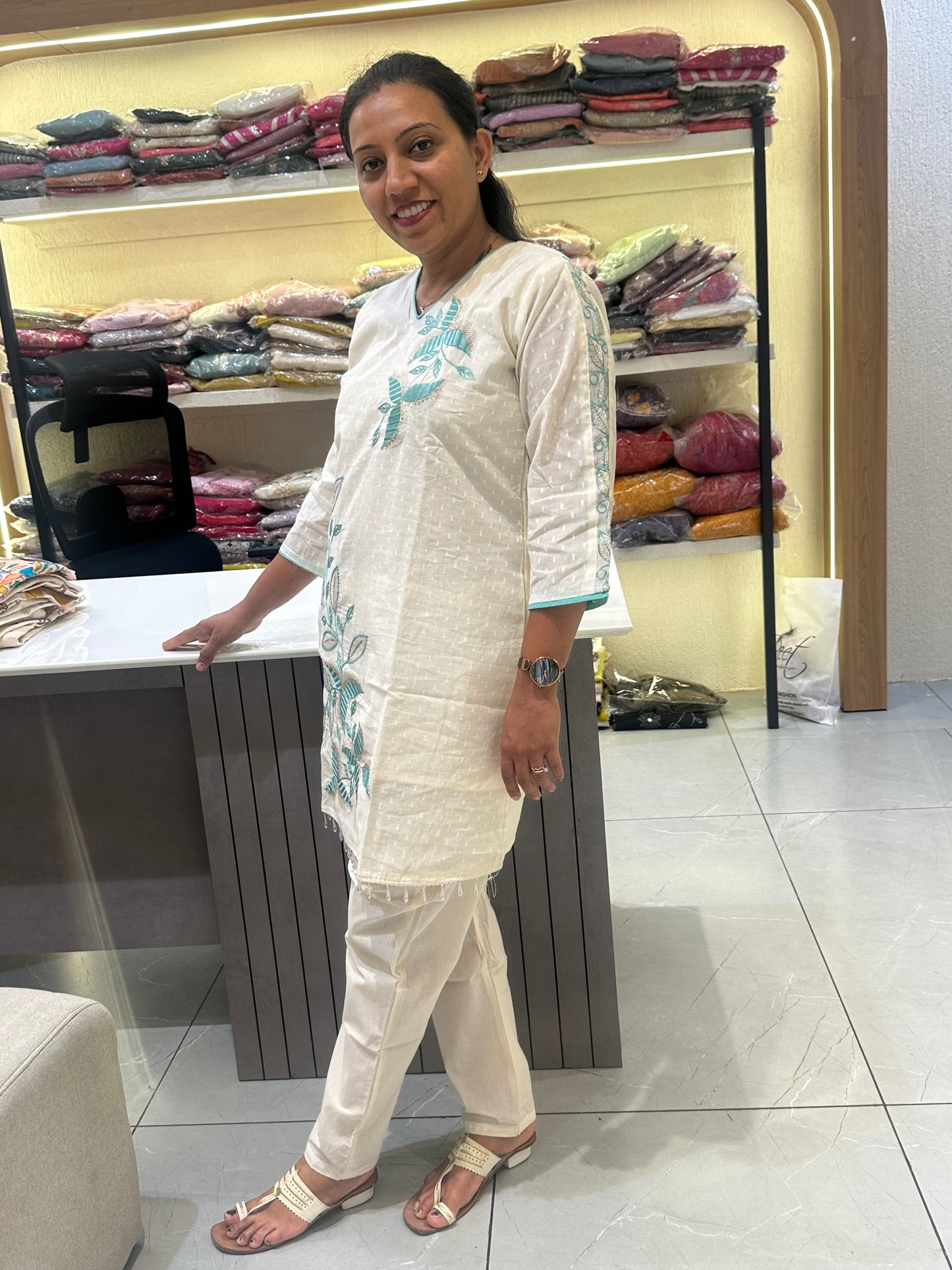 Women's White With  embroidery Work Straight-Cut Cord Set