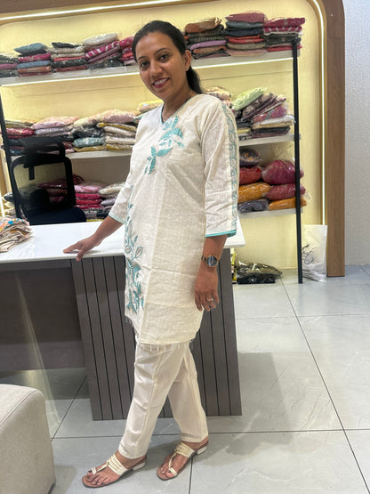 Women's White With  embroidery Work Straight-Cut Cord Set
