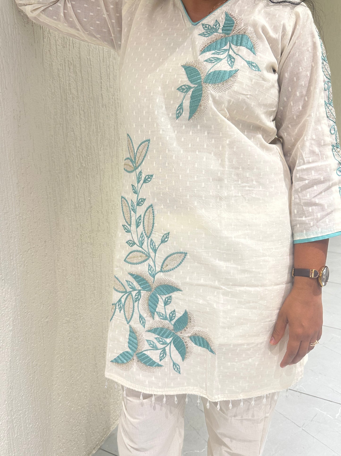 Women's White With  embroidery Work Straight-Cut Cord Set