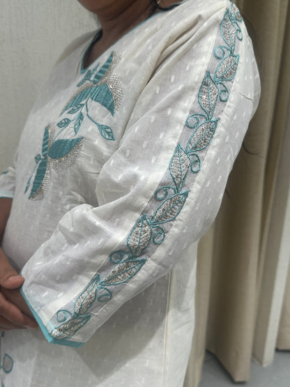 Women's White With  embroidery Work Straight-Cut Cord Set