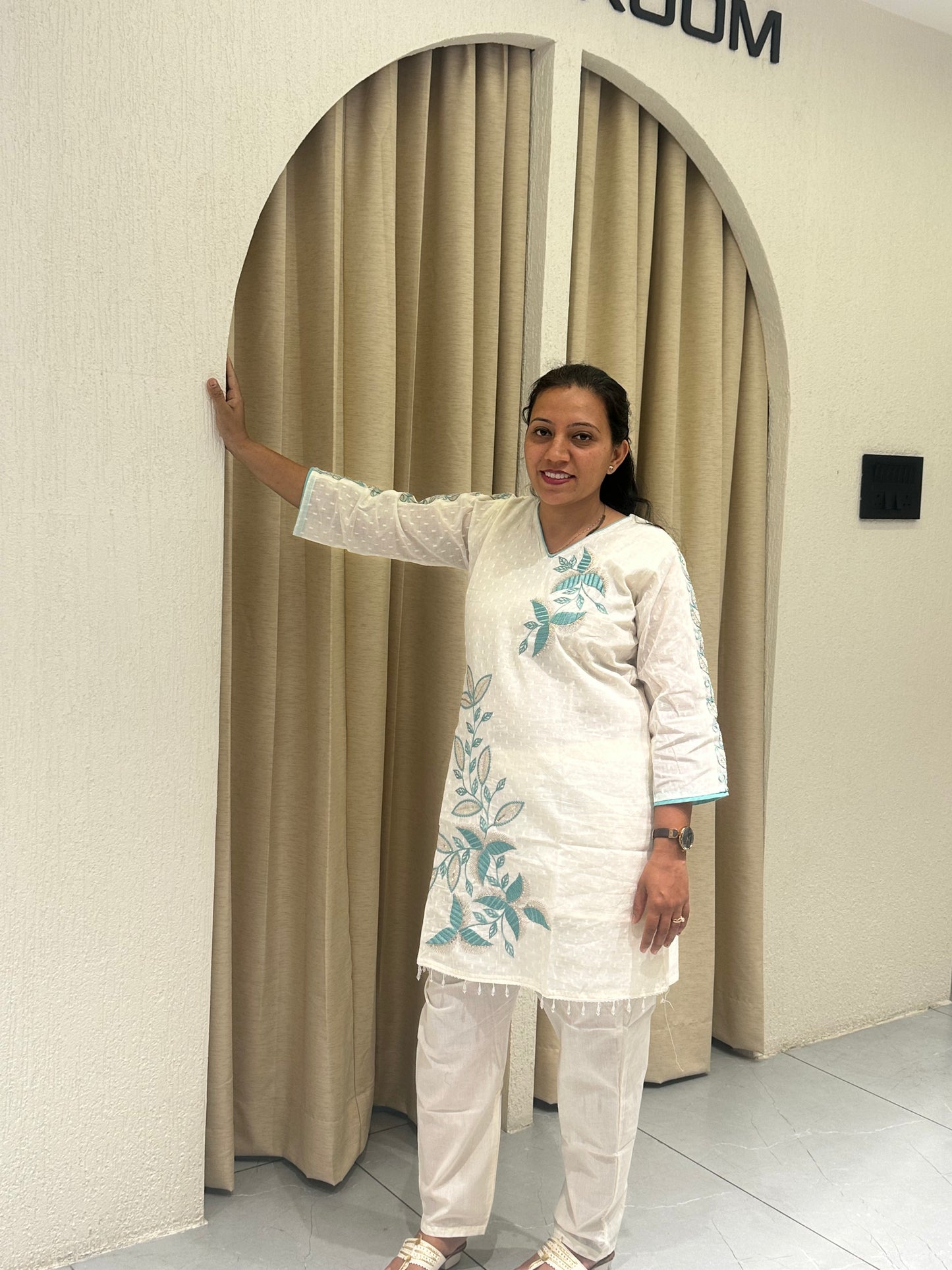 Women's White With  embroidery Work Straight-Cut Cord Set