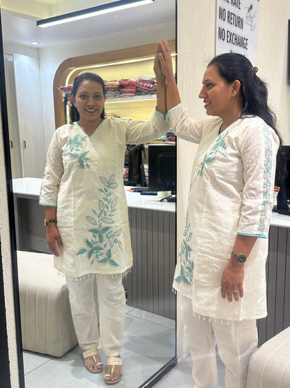 Women's White With  embroidery Work Straight-Cut Cord Set