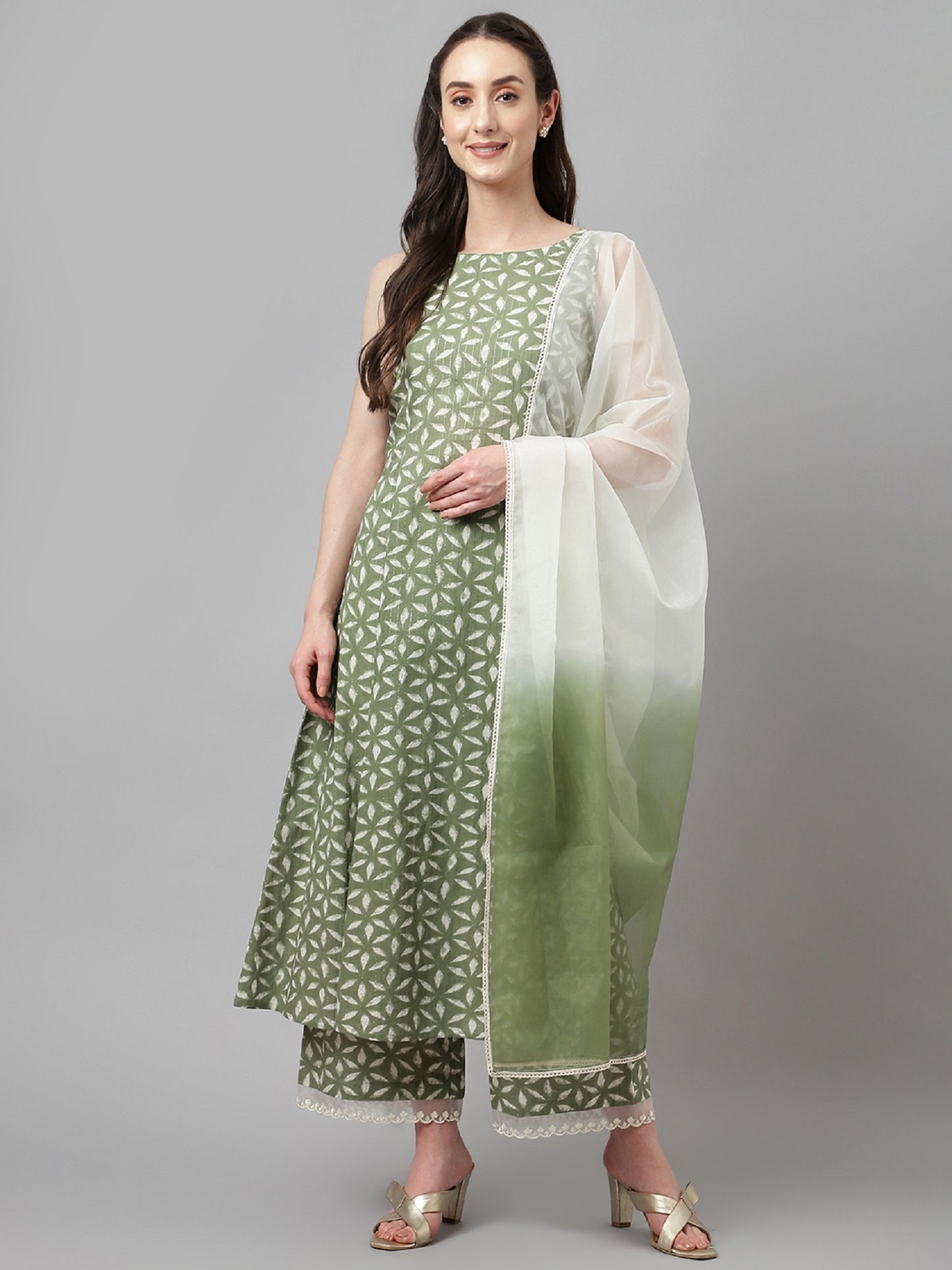 Pastel Green Geometric Print Kurta Set with Organza Dupatta