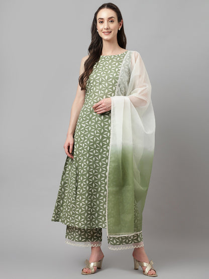 Pastel Green Geometric Print Kurta Set with Organza Dupatta
