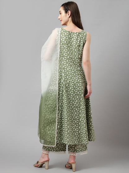 Pastel Green Geometric Print Kurta Set with Organza Dupatta