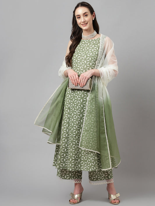 Pastel Green Geometric Print Kurta Set with Organza Dupatta