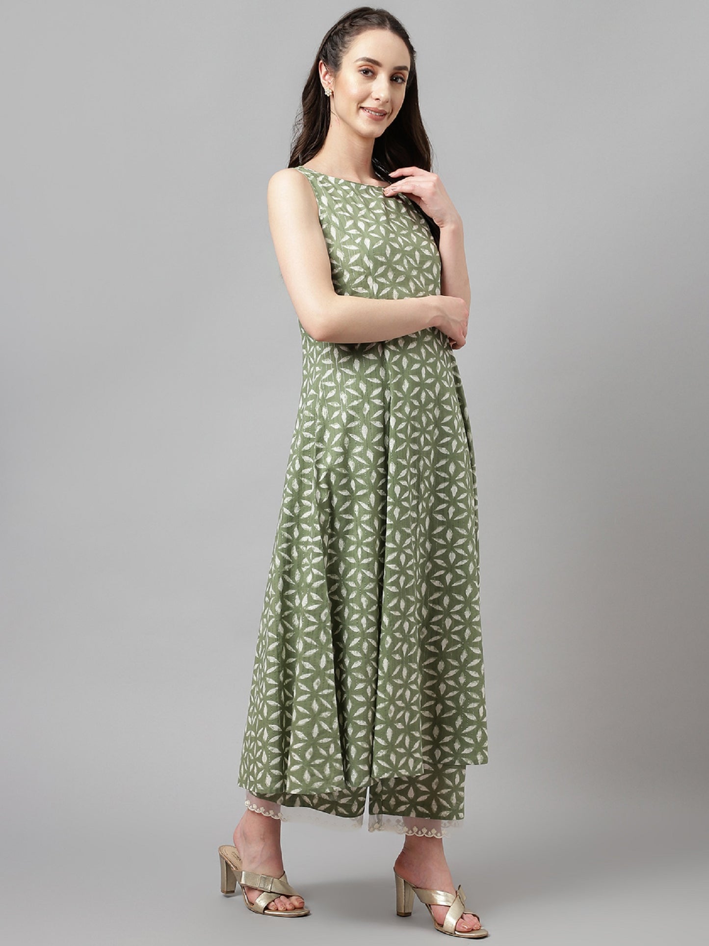 Pastel Green Geometric Print Kurta Set with Organza Dupatta