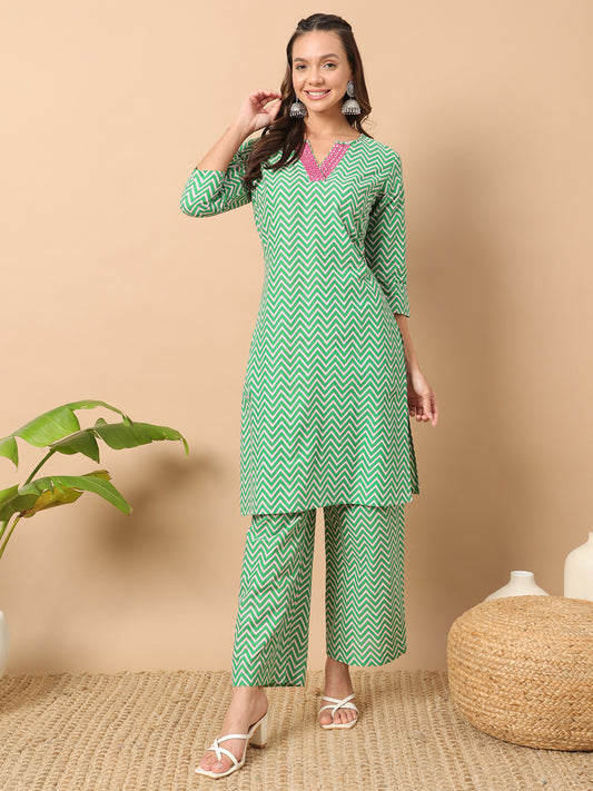 Women's Sea Green Cotton Straight Kurta Set