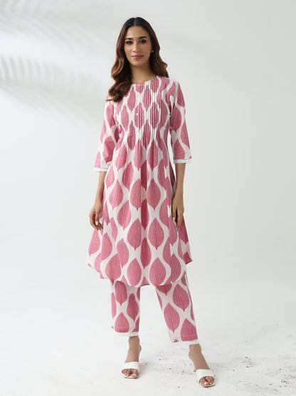 Soft Pink Flared Kurta Set in Breathable Cotton