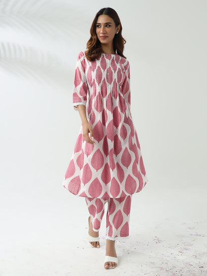Soft Pink Flared Kurta Set in Breathable Cotton