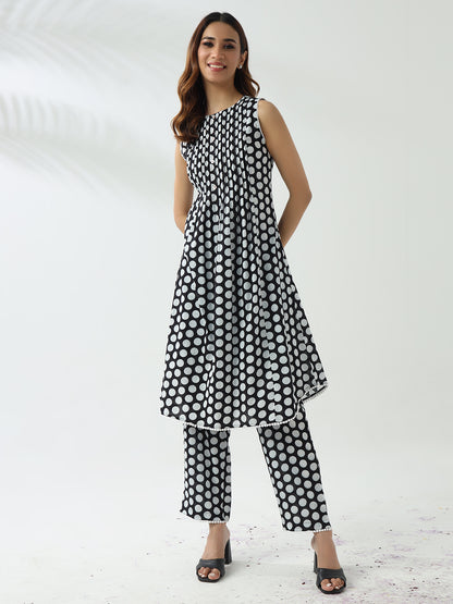Elegant Black & White Cotton Flared Kurta Set for Women