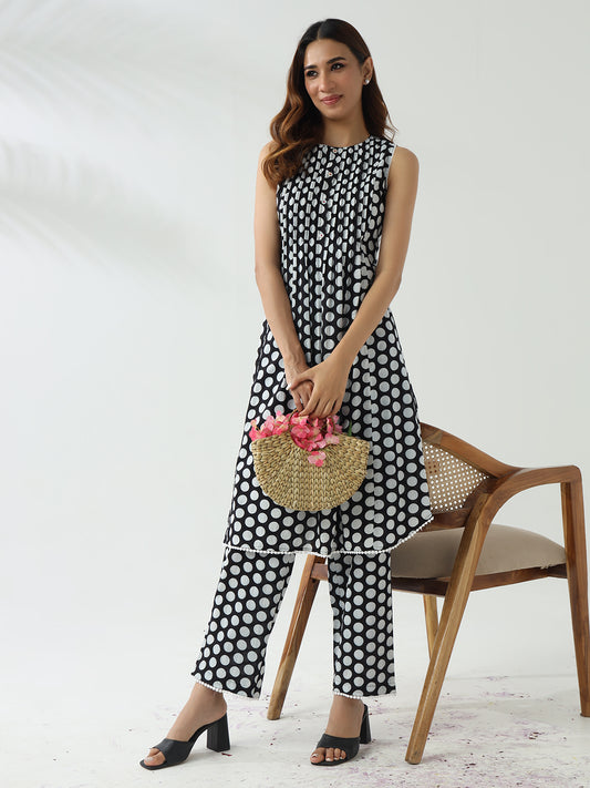 Elegant Black & White Cotton Flared Kurta Set for Women