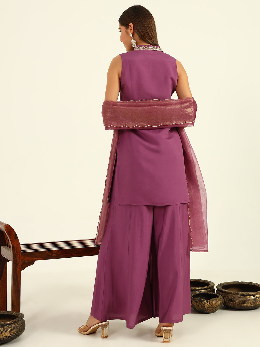 Plum Sleeveless Kurta with Embroidered Neckline & Flared Palazzo Set