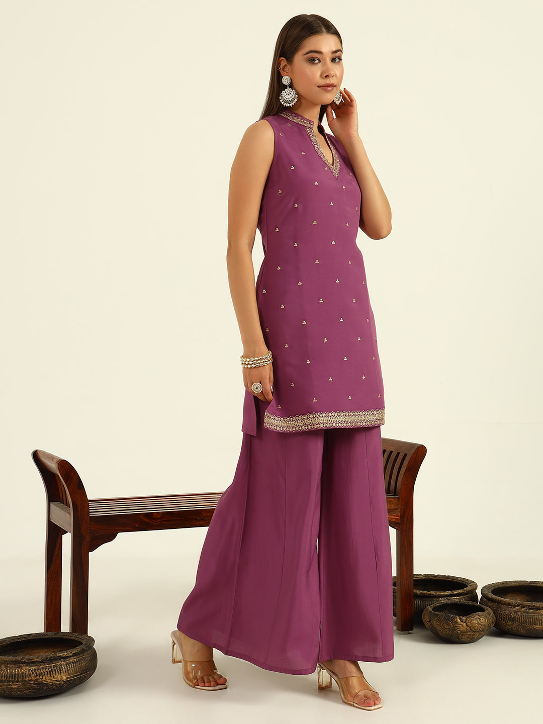 Plum Sleeveless Kurta with Embroidered Neckline & Flared Palazzo Set