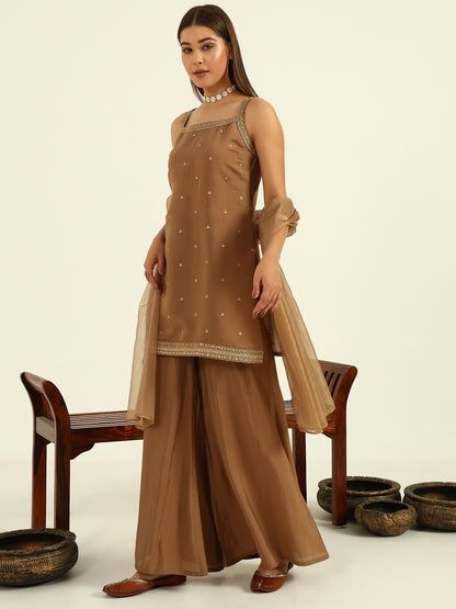 Women's Brown Viscose Chanderi Straight Kurta with Palazzo and Dupatta