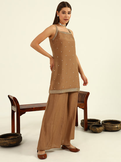 Women's Brown Viscose Chanderi Straight Kurta with Palazzo and Dupatta