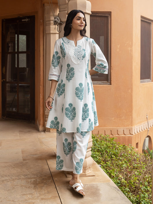 Classic White Cotton Flared Kurta Set for Women