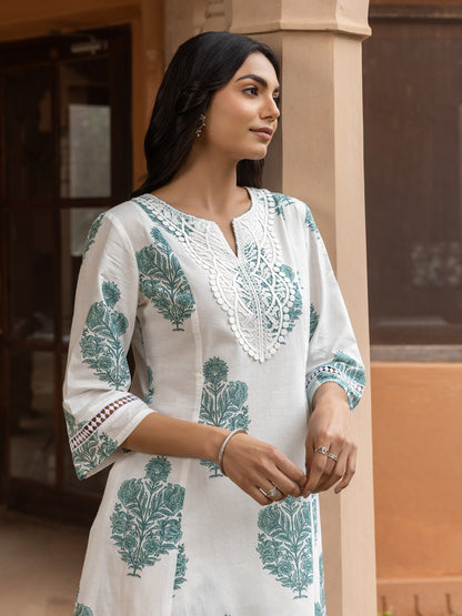 Classic White Cotton Flared Kurta Set for Women