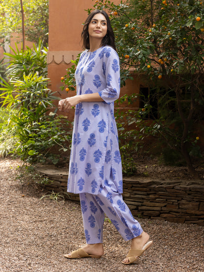Women's Blue Cotton Flared Kurta Set