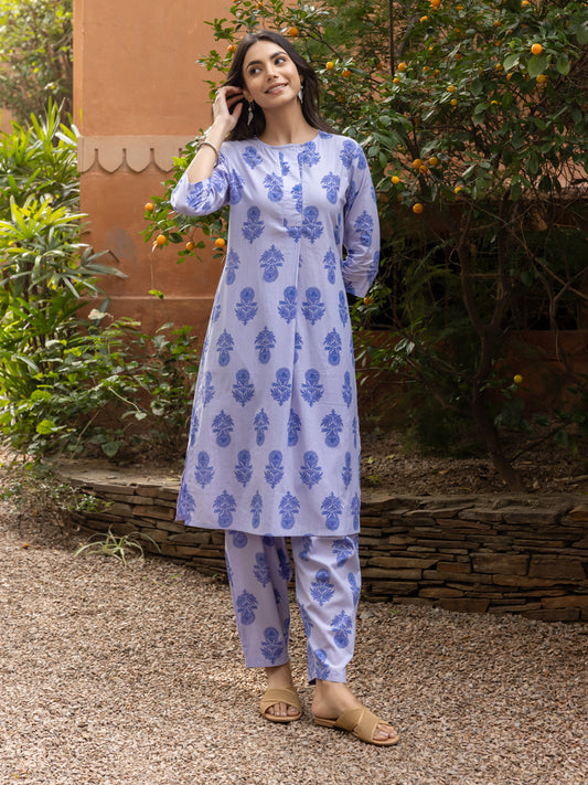 Women's Blue Cotton Flared Kurta Set