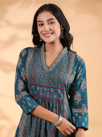 Dark Rama Emboidered Anarkali Cotton Kurta