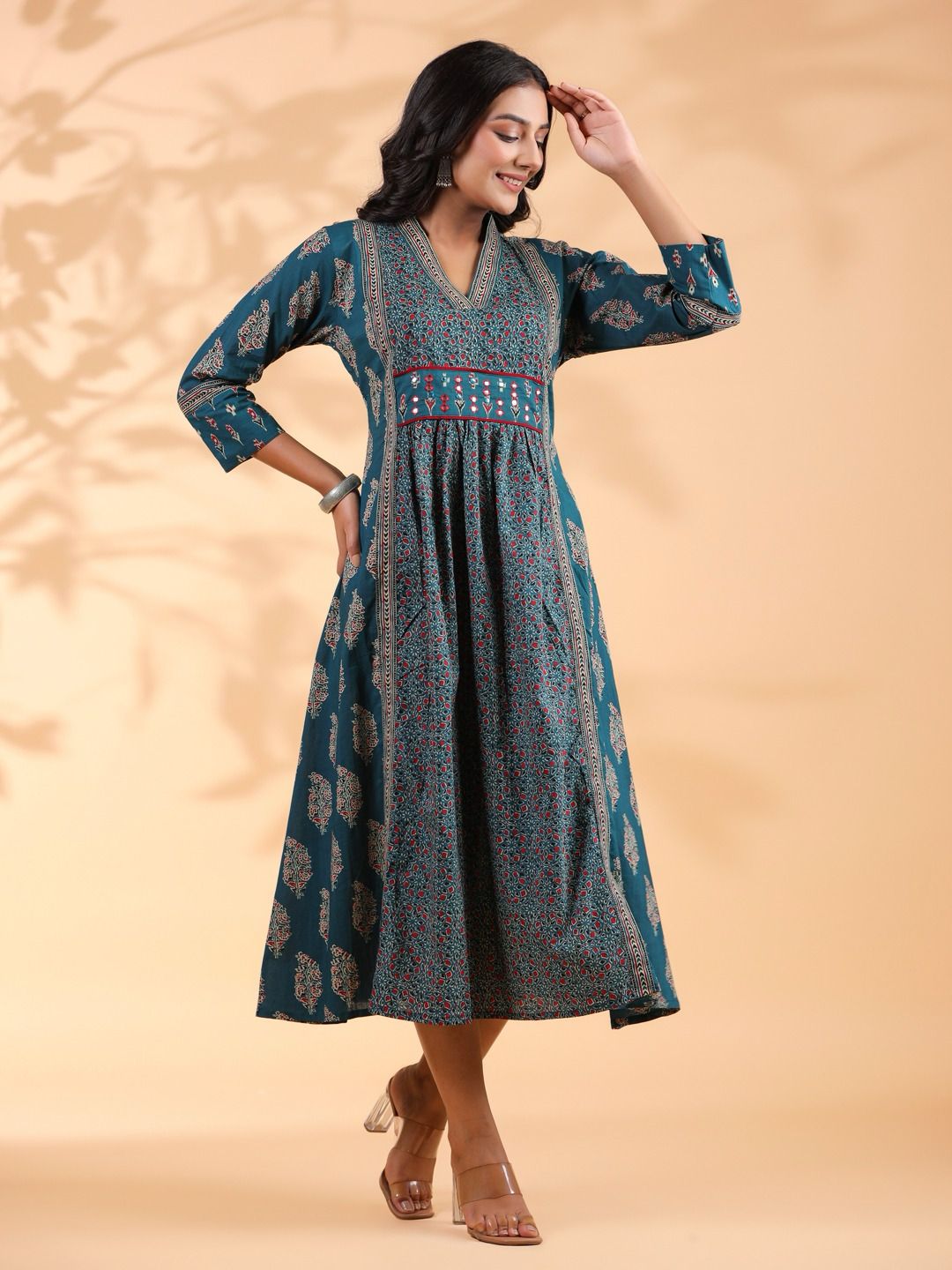 Dark Rama Emboidered Anarkali Cotton Kurta
